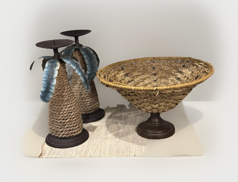 Pr. Candleholders Tropical Palm/Woven Footed Fruit Basket Beachy Seaside Preown