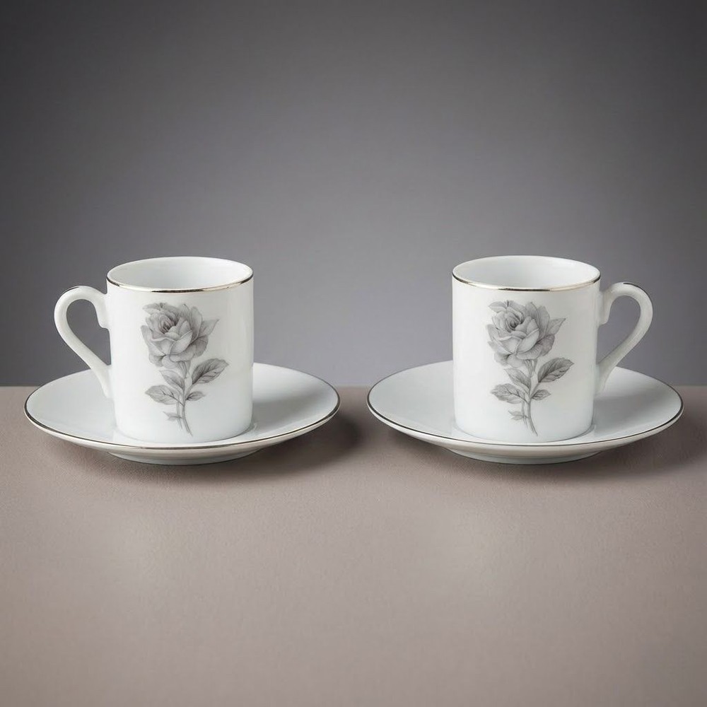 Vintage Porcelain Gray Rose Design Espresso Cups & Matching Saucers Set Of 2