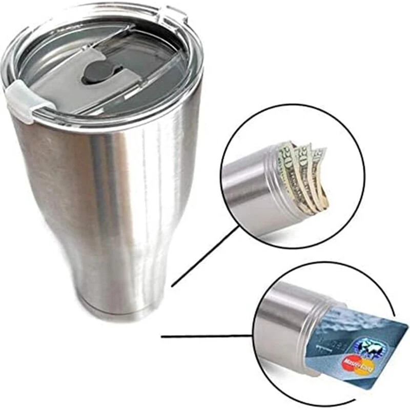 Stainless Steel Coffee Mug Tumbler Water Bottle Stash Box Hidden Bottom Storage