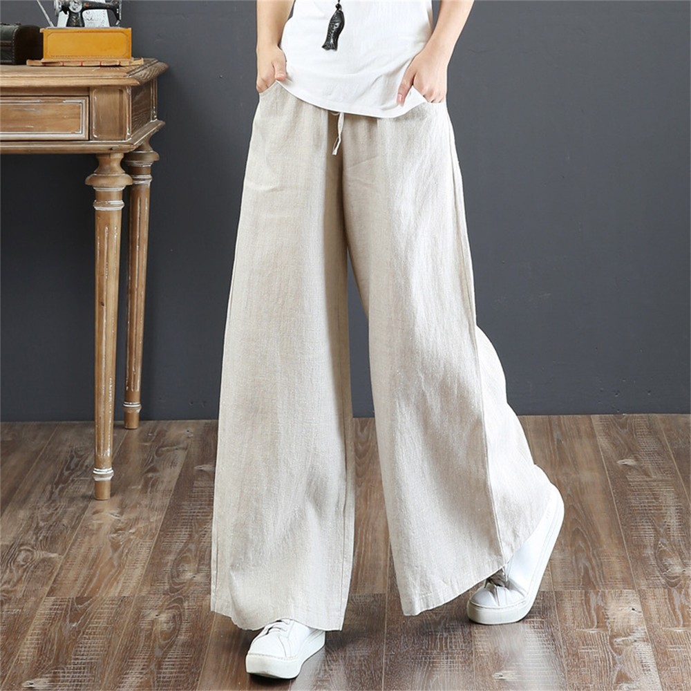 Women Summer High Waisted Cotton Linen Palazzo Pants Wide Leg Long Lounge Pant