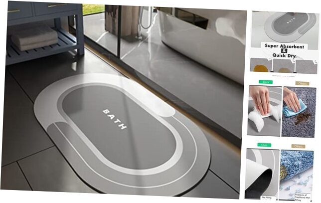 Grey Non-Slip Absorbent Oval Bath Mat 17x27 Inches Quick Dry Bathroom Rug