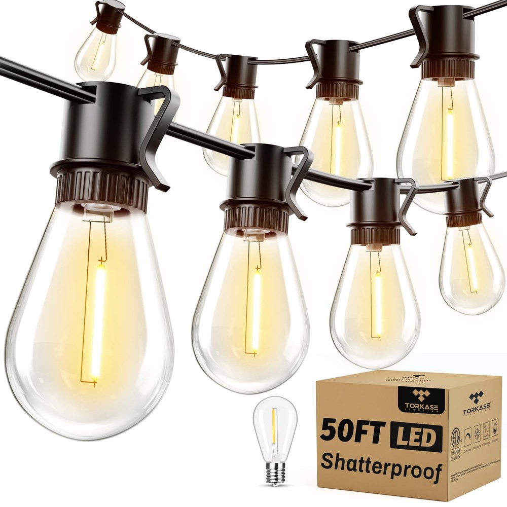 50FT Outdoor LED String Lights with 16 Shatterproof S14 Bulbs Waterproof Dimmable