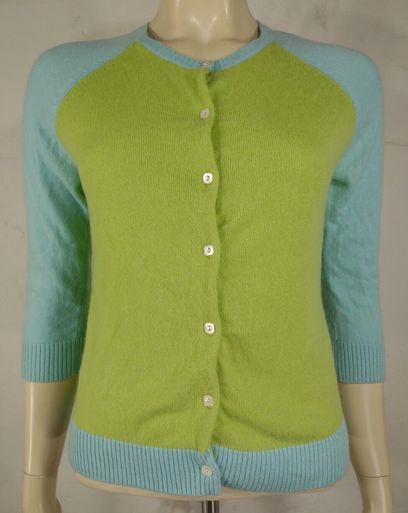 Geneva 100% Cashmere Button Front Cardigan Sweater for Women in Green Blue Size Medium