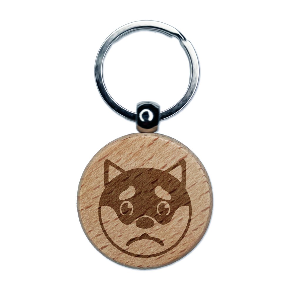 Husky Dog Face Sad Engraved Wood Round Keychain Tag Charm