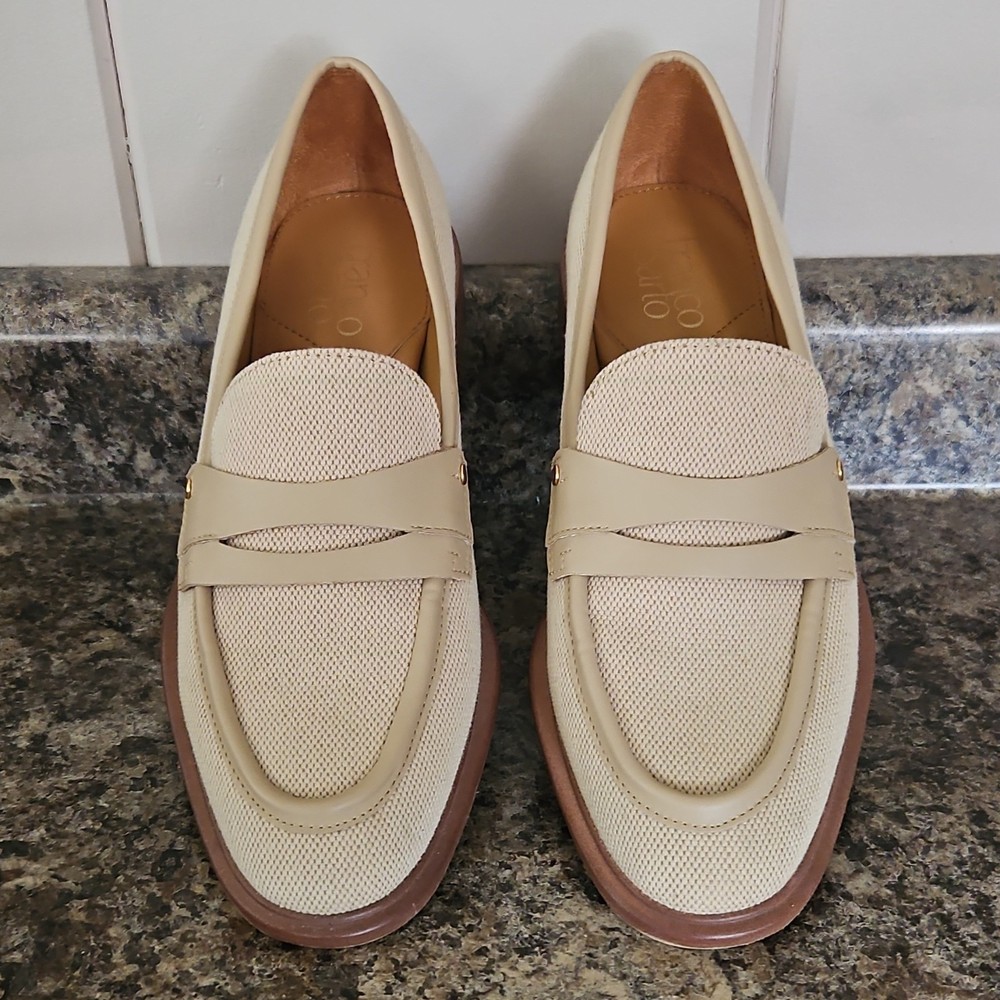 Franco Sarto Beige Canvas Textured Slip On Loafer Flats Round Toe for Women