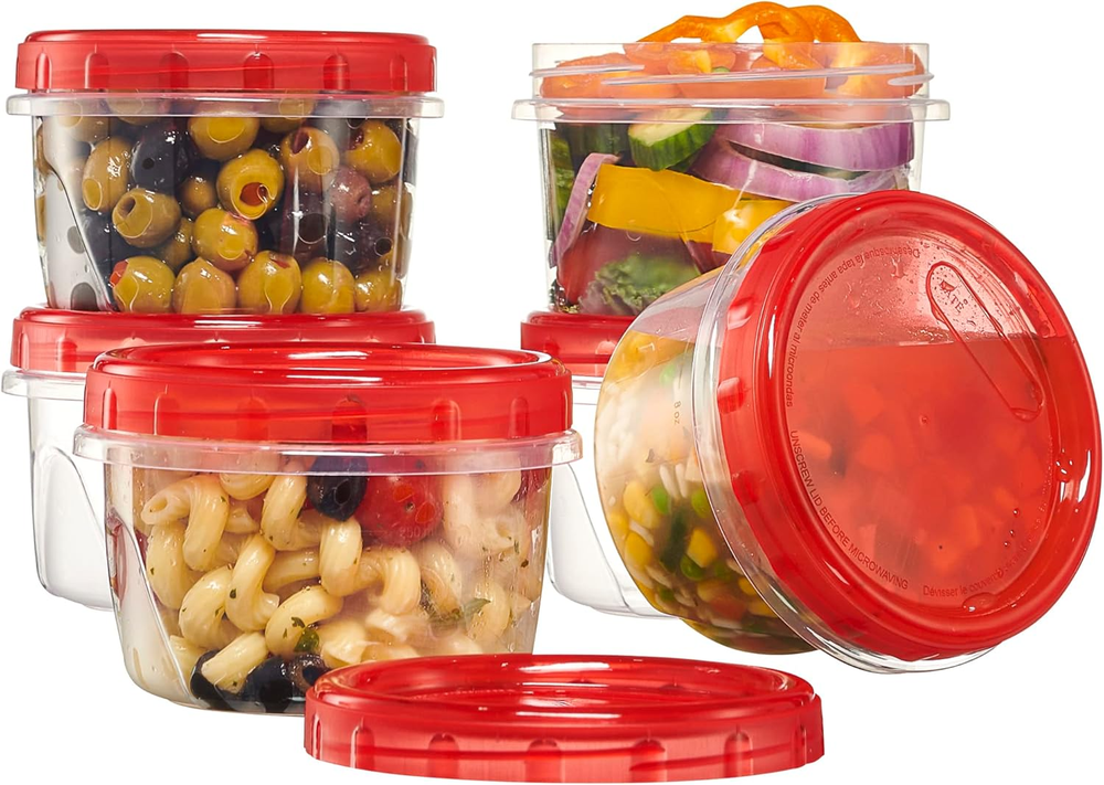 16oz Reusable Twist Cap Food Storage Containers 6-Pack with Red Lids