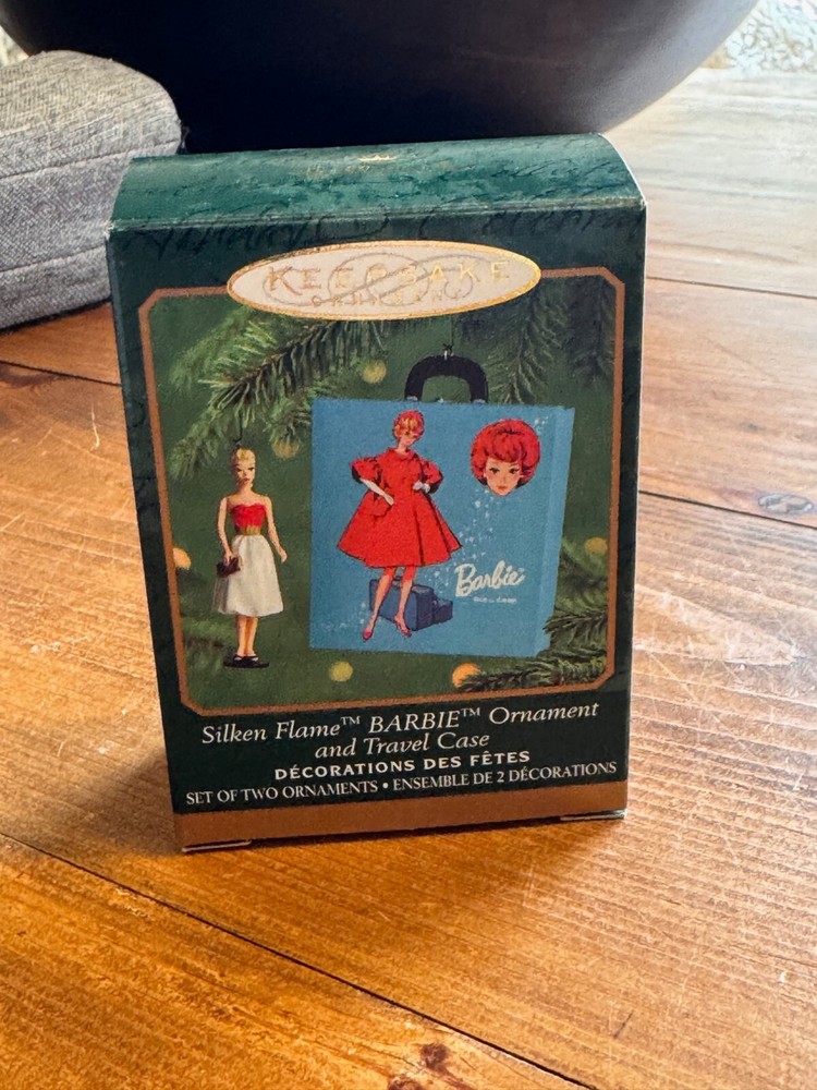 Vintage 2000 Hallmark Barbie Silken Flame and Travel Case Christmas Ornament-NIB