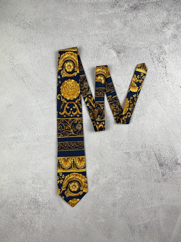 Gianni Versace Vintage Silk Tie Baroque Pattern Navy Gold Made in Italy