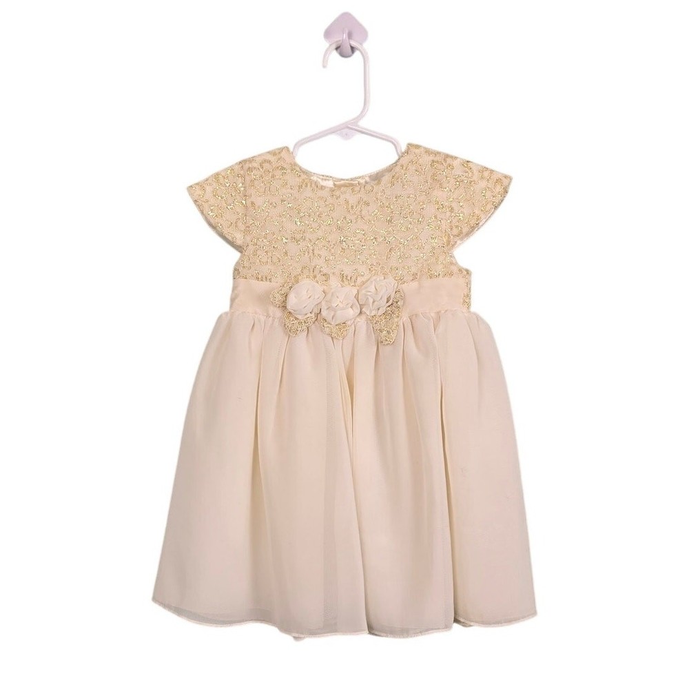 PENELOPE MACK Toddler Girls Gold Beige Dress Floral Embellishments Lace, Sz 2T