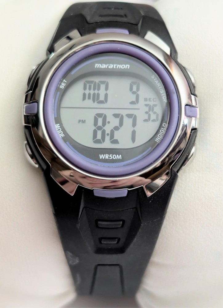 Timex Marathon Digital Sport Watch - Alarm, Date, Black Band, Purple Bezel