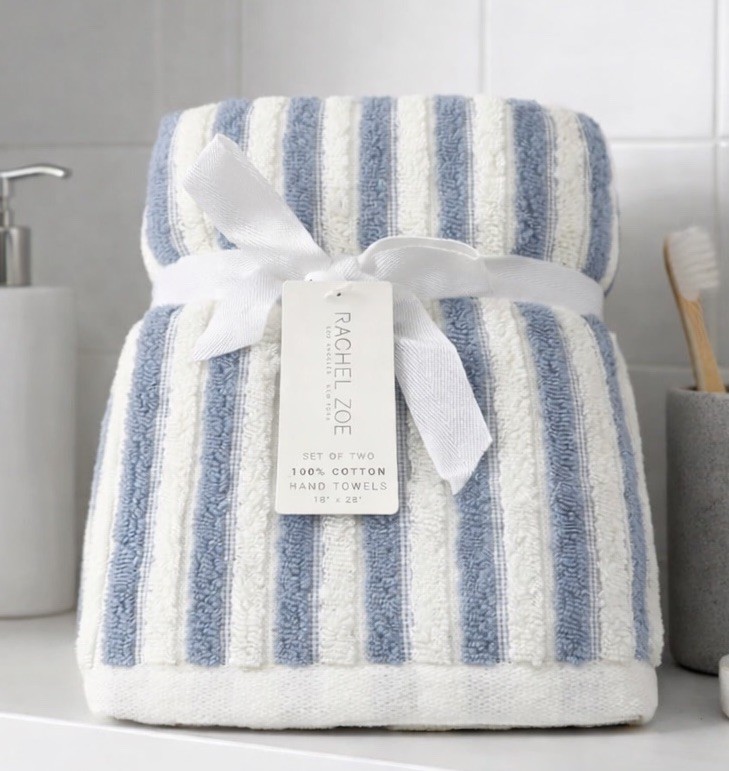 Rachel Zoe Set of 2 Hand Towels Slate Blue Ivory Stripe 100% Cotton NWT