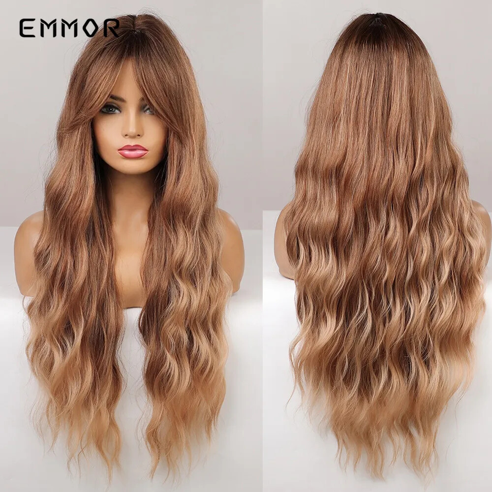 Body Wave Ombre Brown Blonde Synthetic Wig With Bangs Natural Heat Resistant Wig