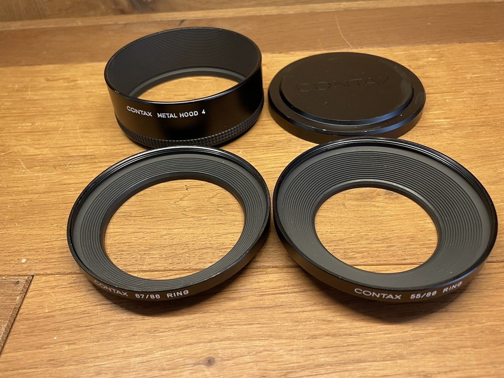 Near Mint Contax Metal Hood 4 with 55/86 & 67/86 Rings and K-84 89mm Cap Japan
