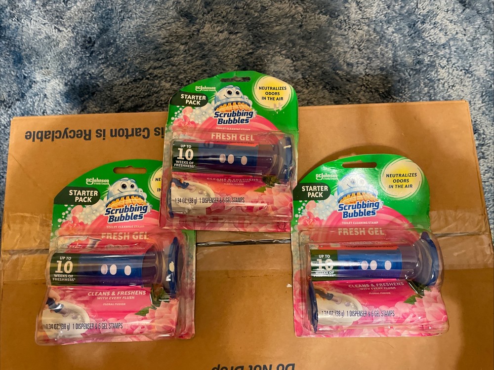 3- Scrubbing Bubbles Fresh Gel Toilet Cleaning 6 Stamps Dispense FLORAL FUSION