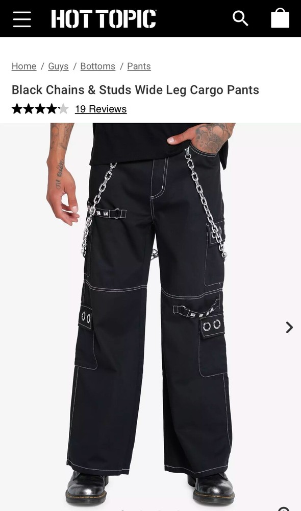 Edgy Black Wide Leg Cargo Pants with Chains & Studs