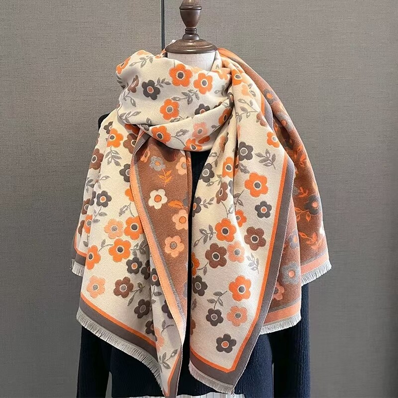 Cashmere-Like Winter Scarf Camellia Print Large Shawl Stole 185x65cm
