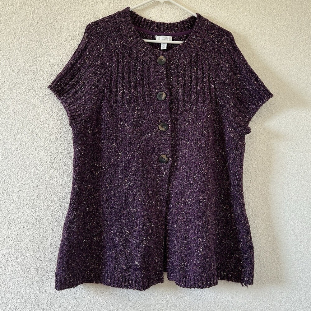 チャータークラブ レディース ニットカーディガン 2倍パープル 半袖ボタンフロント グラニー
