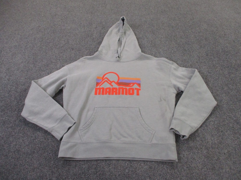 Marmot Hoodie Sweatshirt Mens L Gray Pullover Logo Outdoors Hiking Adult