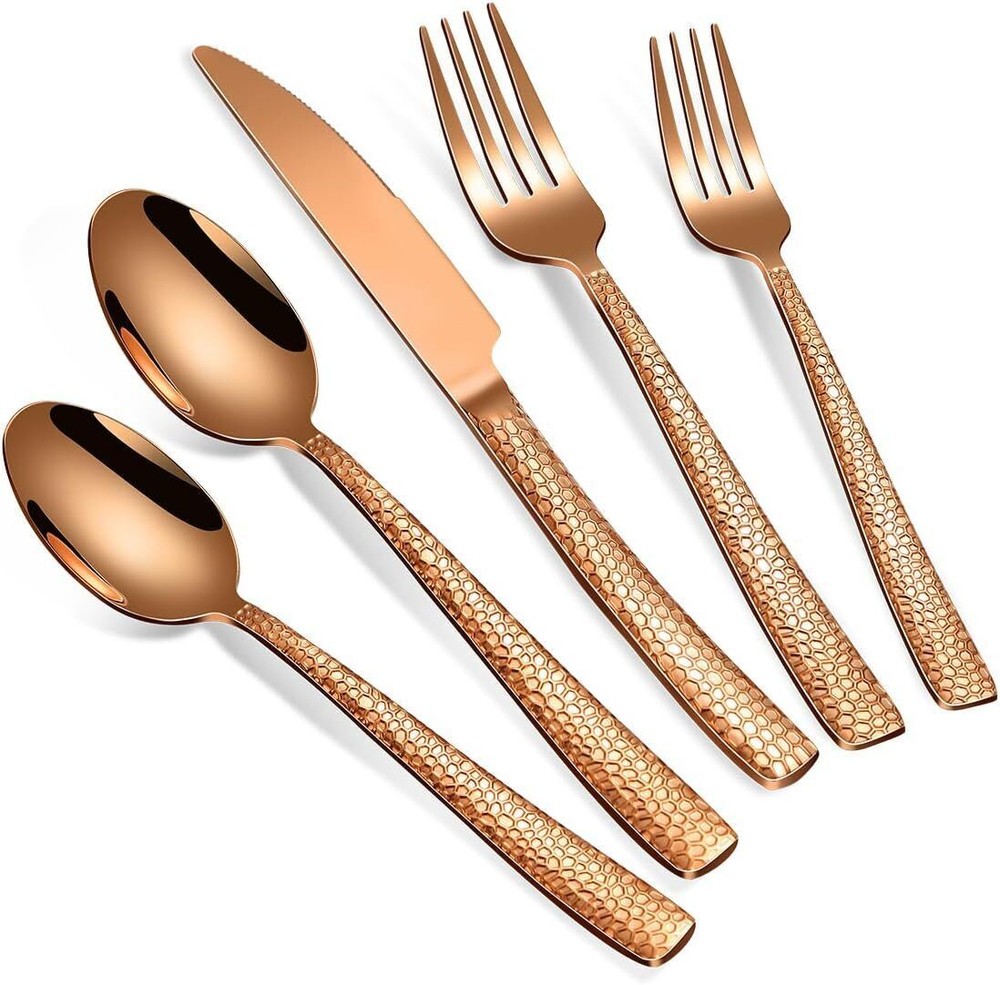 40-Piece Rose Gold Hammered Stainless Steel Flatware Set for 8