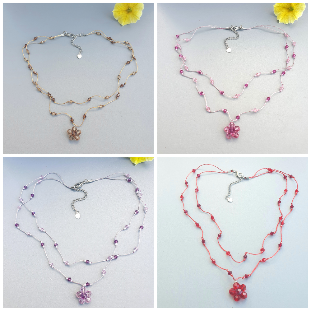 Swarovski Crystal Floral Necklace on Multi-Strand Silk Thread