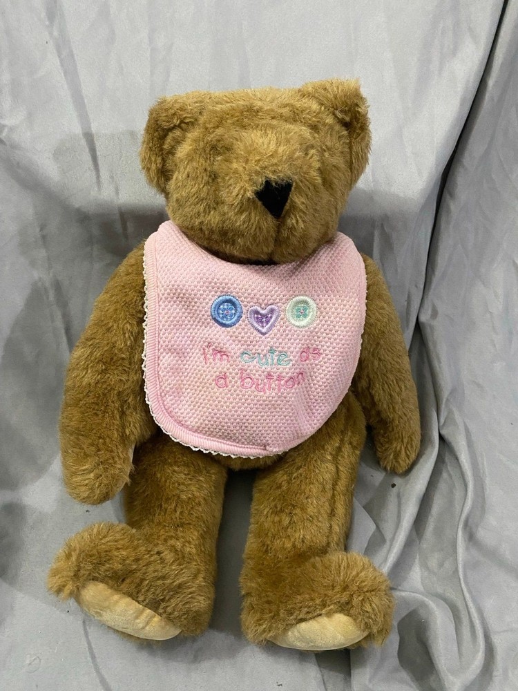 Vintage Vermont Brown 17 Inch Tall Teddy Bear Co Jointed Pink Bib Tag