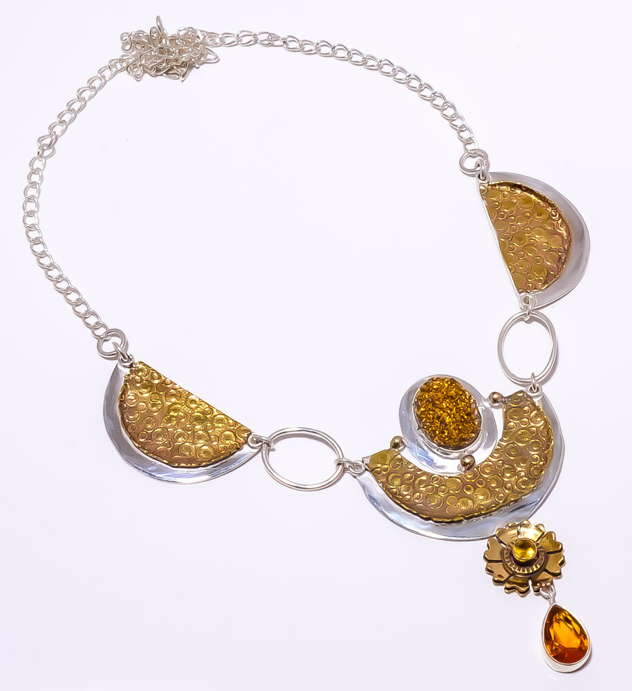 Titanium Golden Agate Drusy 925 Sterling Silver Two Tone Necklace 16.17.99