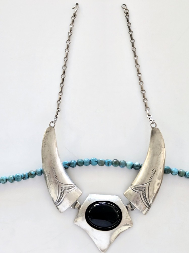 NAVAJO Vintage Handmade Black Ony Sterling Panel OLD PAWN 18.5