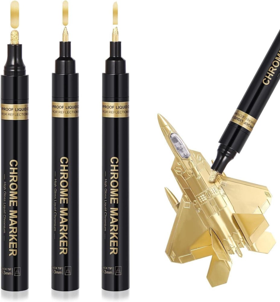 Gold Chrome Paint Pen Markers - 3-Piece Permanent Liquid Metallic Marker Set for Art