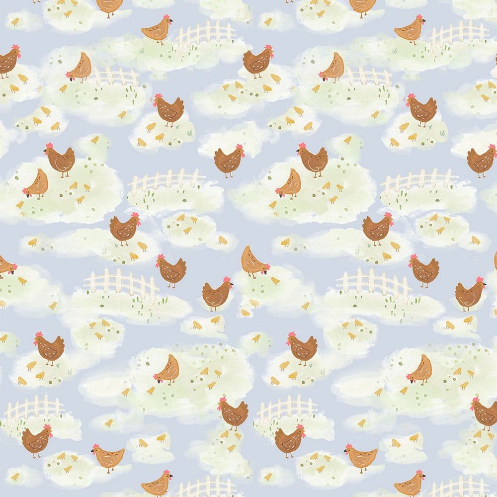 Storybook Farm Rooster Field Scene Blue Animal Fabric by Dear Stella Yard