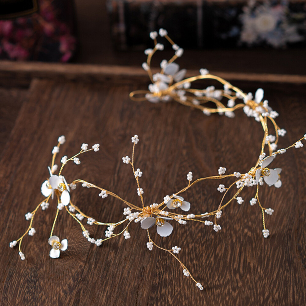 Golden Leaf Headband Pearl Hairwear Headdress Flower Bridal Tiara Crown