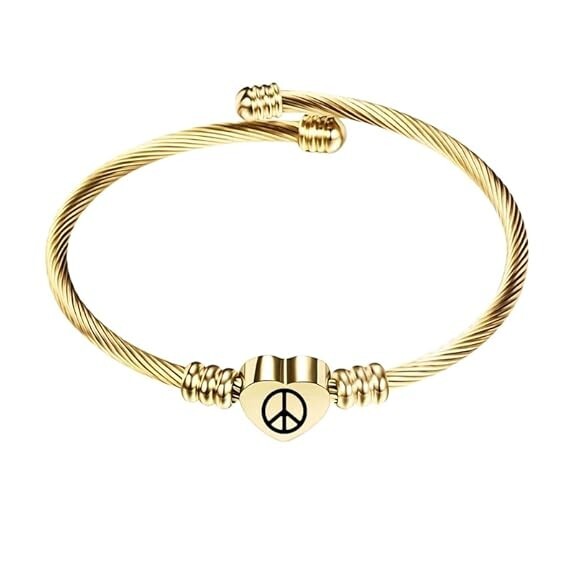 Stainless Steel Heart Peace Bracelet Engraved Charm Bracelet for Women Golden