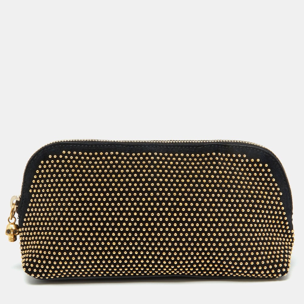 Alexander McQueen Black Suede Zip Pouch with Stud Detailing
