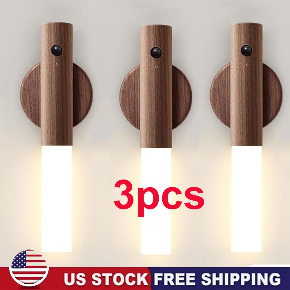 3Pcs Motion Sensor LED Night Light Magnetic Wall Lamp USB Rechargeable Stick-On