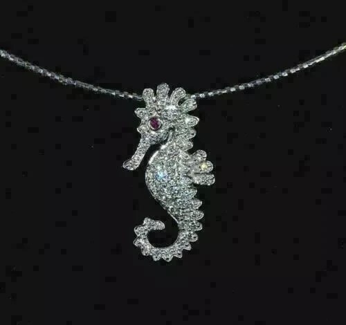 3Ct Round Cut Simulated Diamond Seahorse Pendant Necklace 14k White Gold Plated