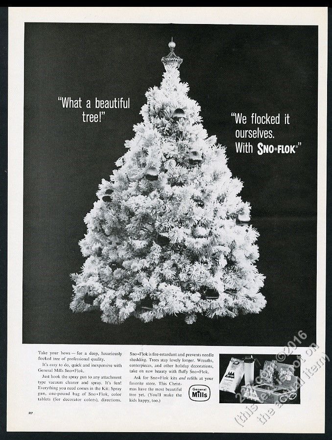 1962 General Mills Sno-Flok Christmas tree colorization kit vintage print ad