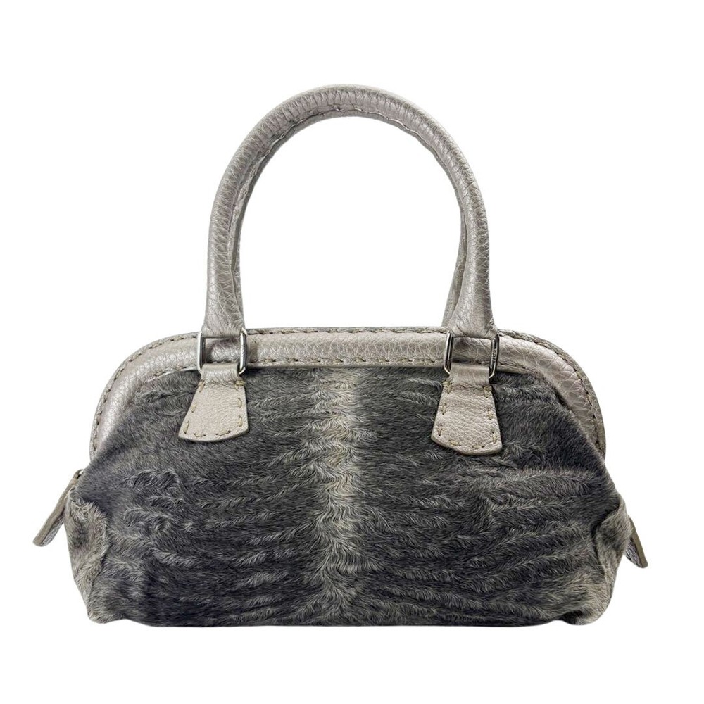 RARE FENDI Selleria Mini Leather Handbag with Fur in Gray Silver