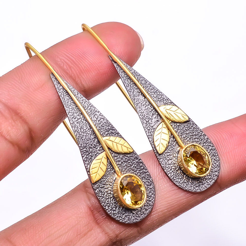 Citrine Black Gold Rhodium Silver Earrings 2.15