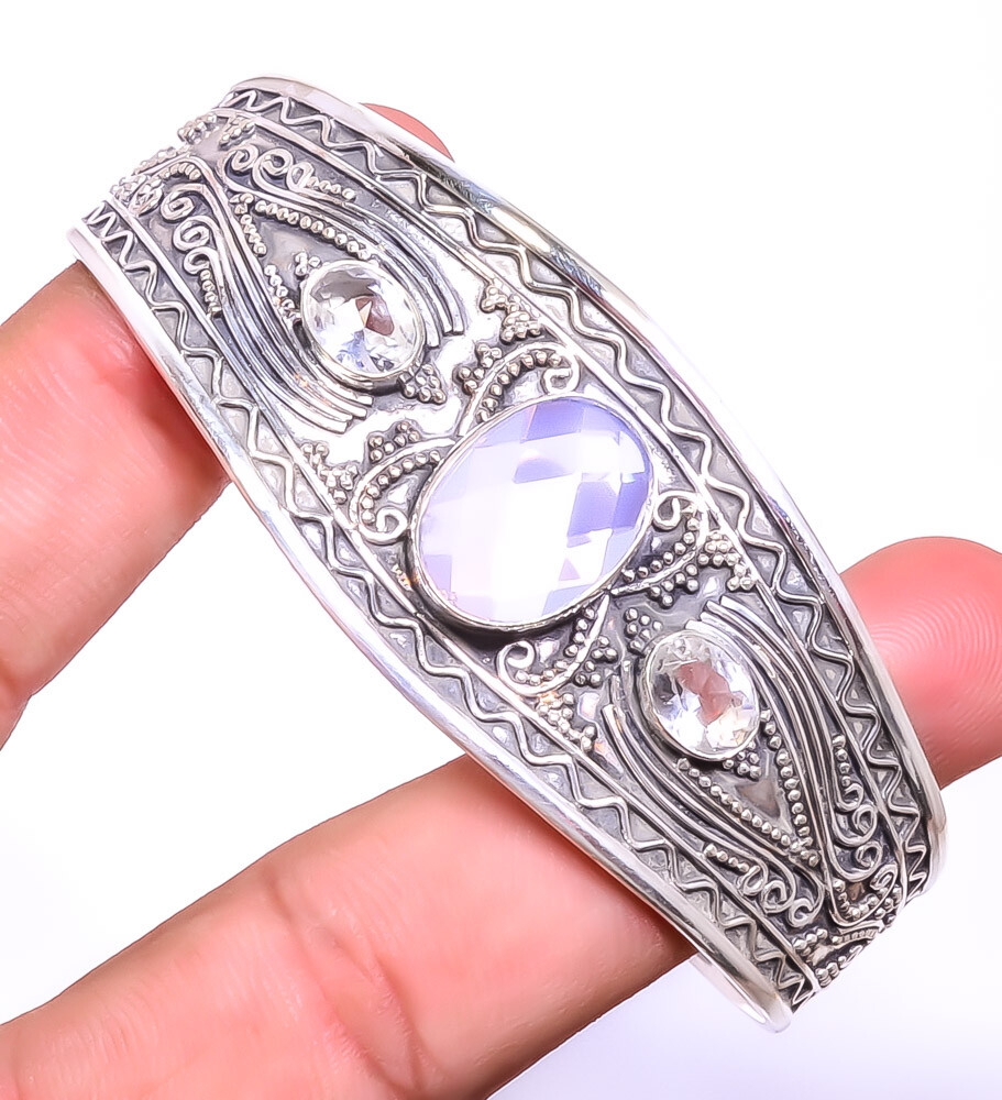 Milky Opal & White Topaz Gemstone 925 Sterling Silver Cuff Adst. T90 A352