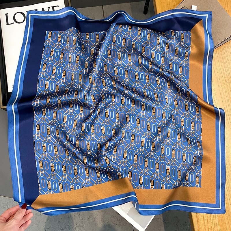 100% Silk Blue Geometric Square Scarf for Women 68x68cm Wrap or Kerchief