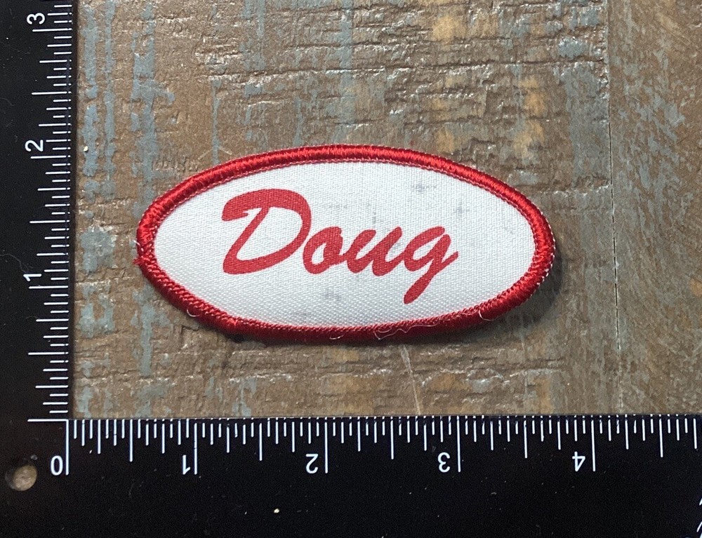Vintage DOUG Name Tag Work Shirt Job Uniform Printed Iron-On Patch Red