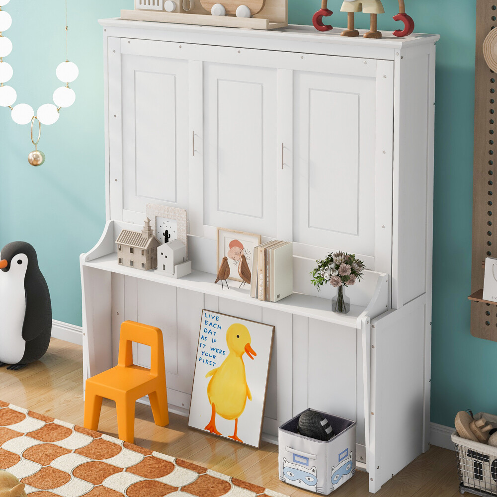 Modern White Queen Murphy Bed with Shelf - Space-Saving Design