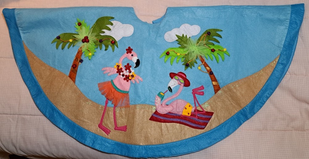 Flamingo Christmas Tree Skirt 48 Inch Tropical 3D Palm Trees Sunbathing Leis Glitter