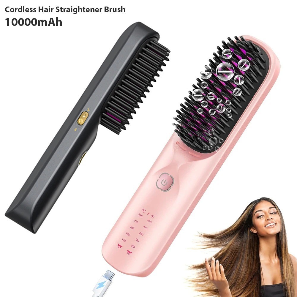 Cordless Hair Straightener Brush 10000mAh Wireless Comb 6 Modes Fast Heating