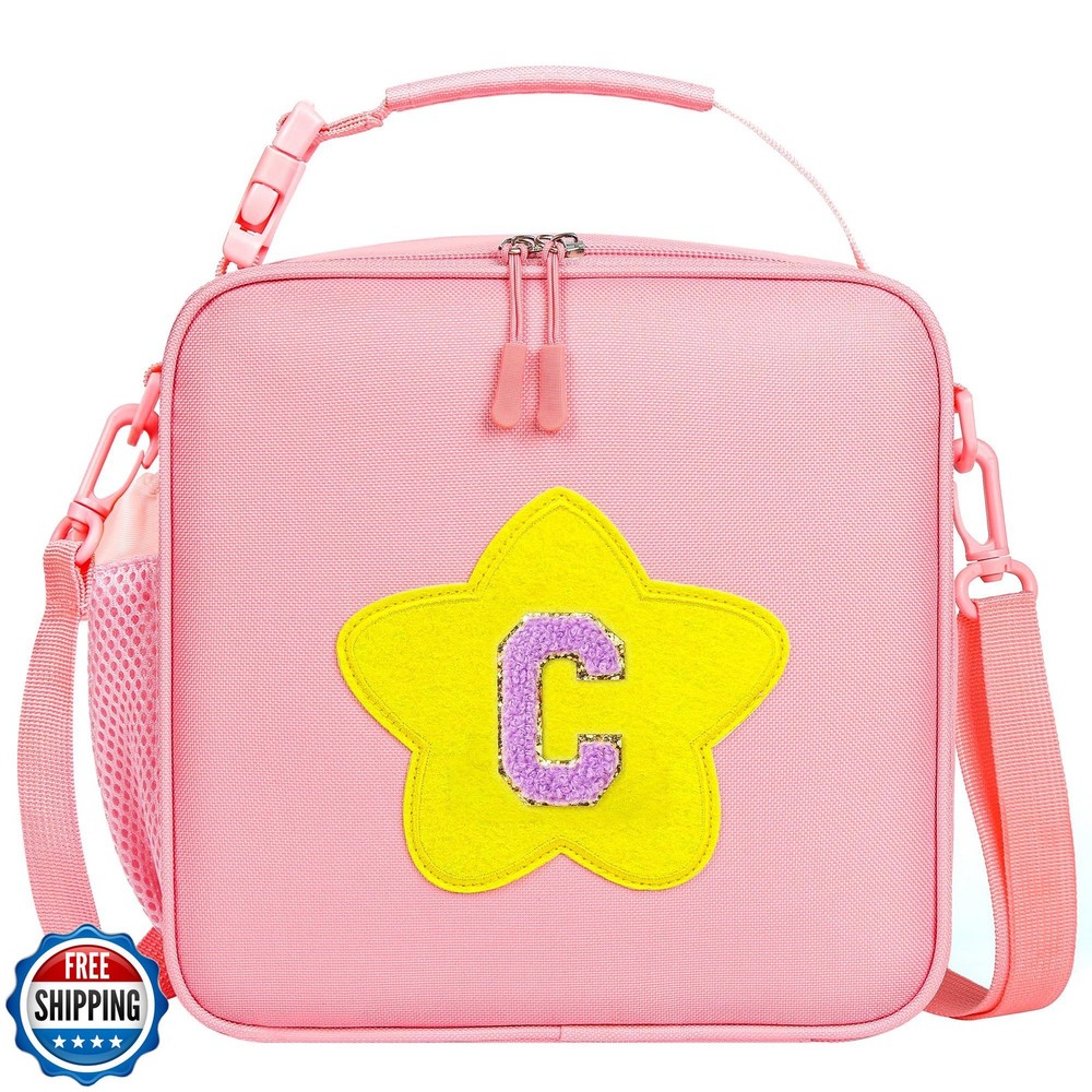 WOBAGMEN Initial Lunch Box for Women Kids Girls,Cute Pink Insulated Lunch Bag