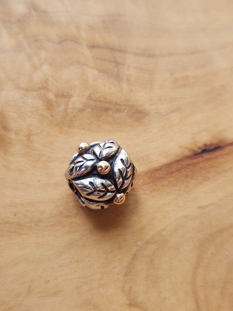Pandora Retired Christmas Holly Charm in Sterling Silver 925 and 14K Gold