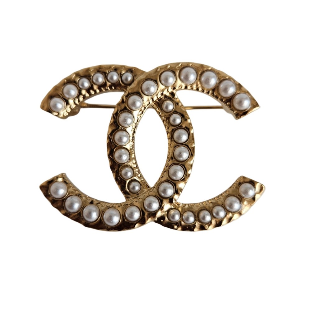 Chanel Gold Tone CC Pearl Brooch