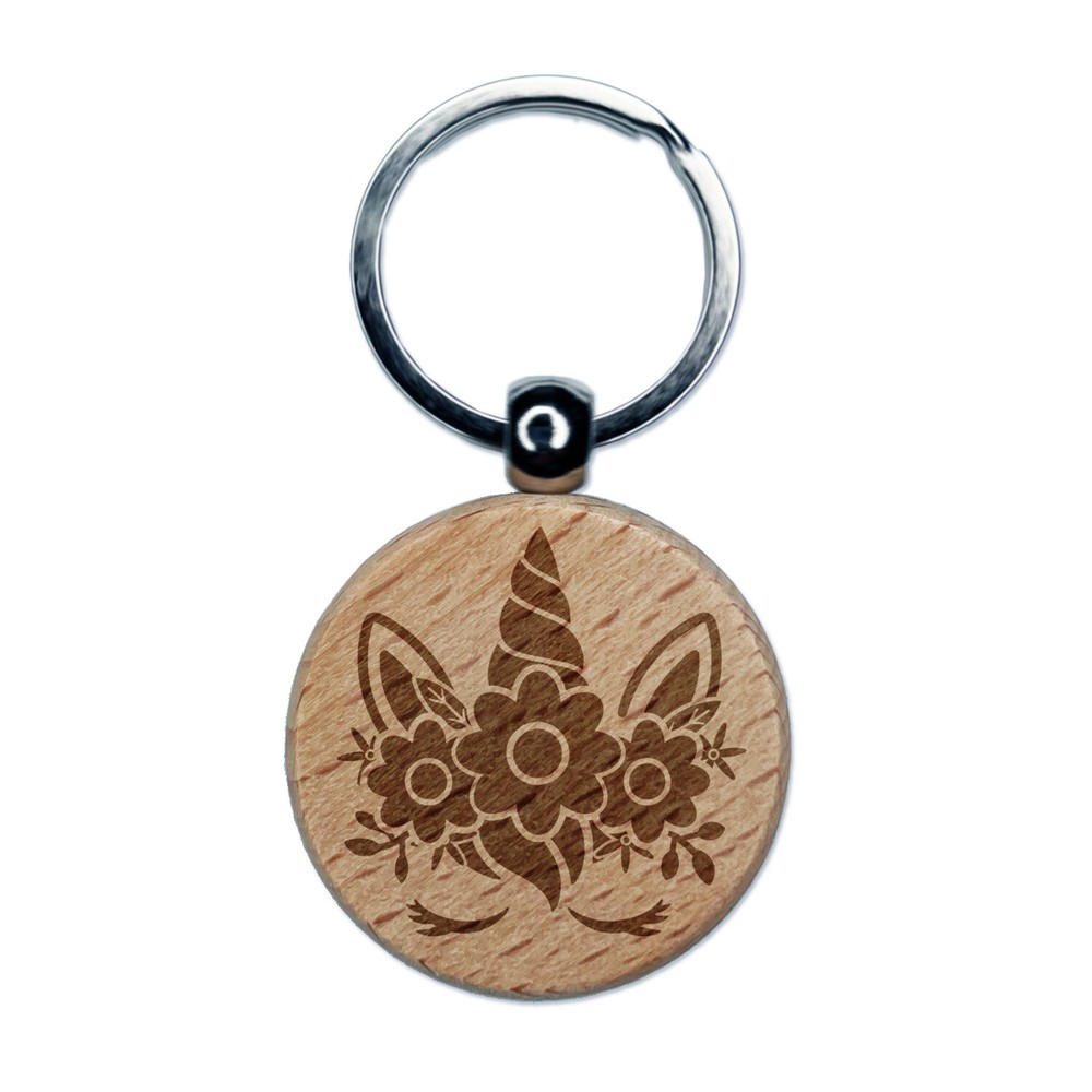 Pretty Sleepy Unicorn Face Engraved Wood Round Keychain Tag Charm