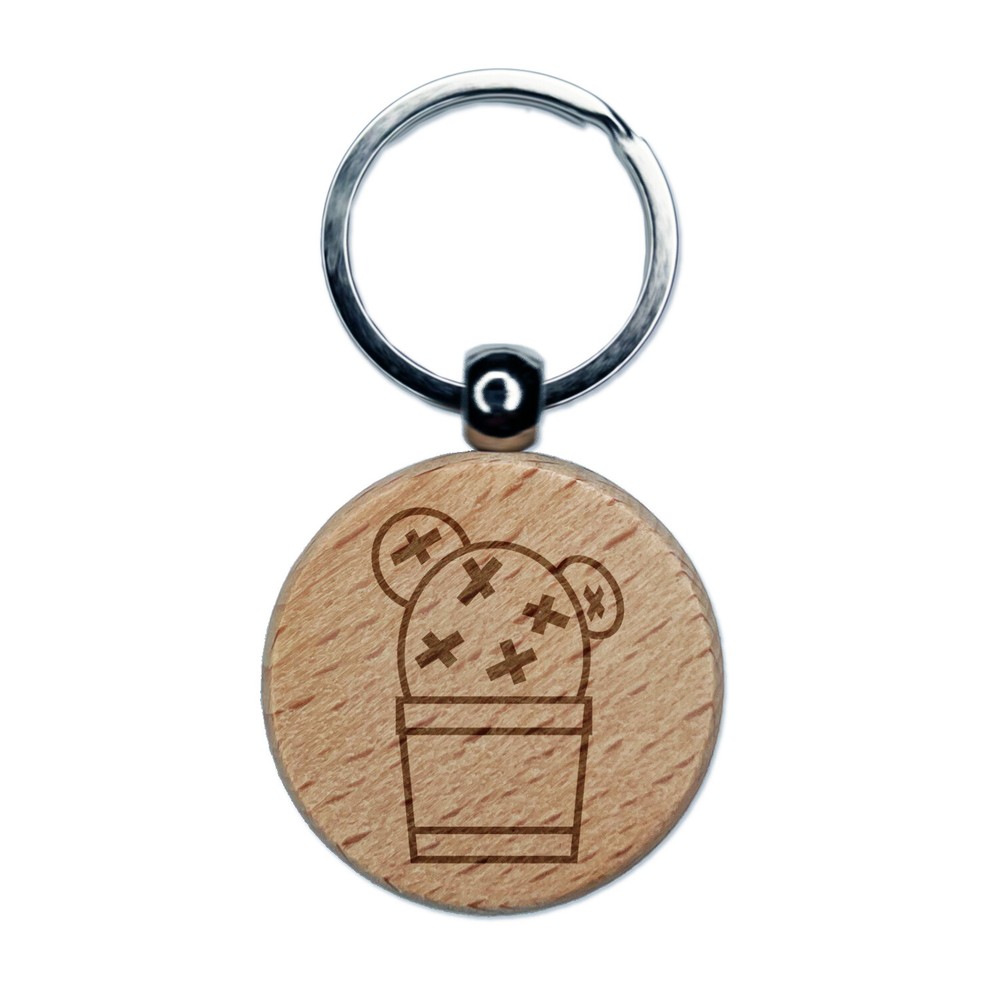 Cactus in Pot Succulent Engraved Wood Round Keychain Tag Charm