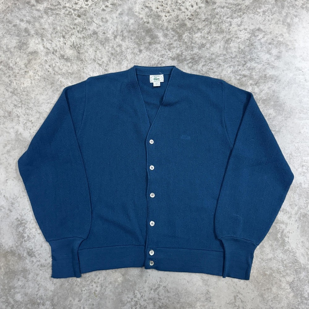 Vintage Izod Lacoste Sweater Mens Medium Blue Acrylic Knit Cardigan USA 80s