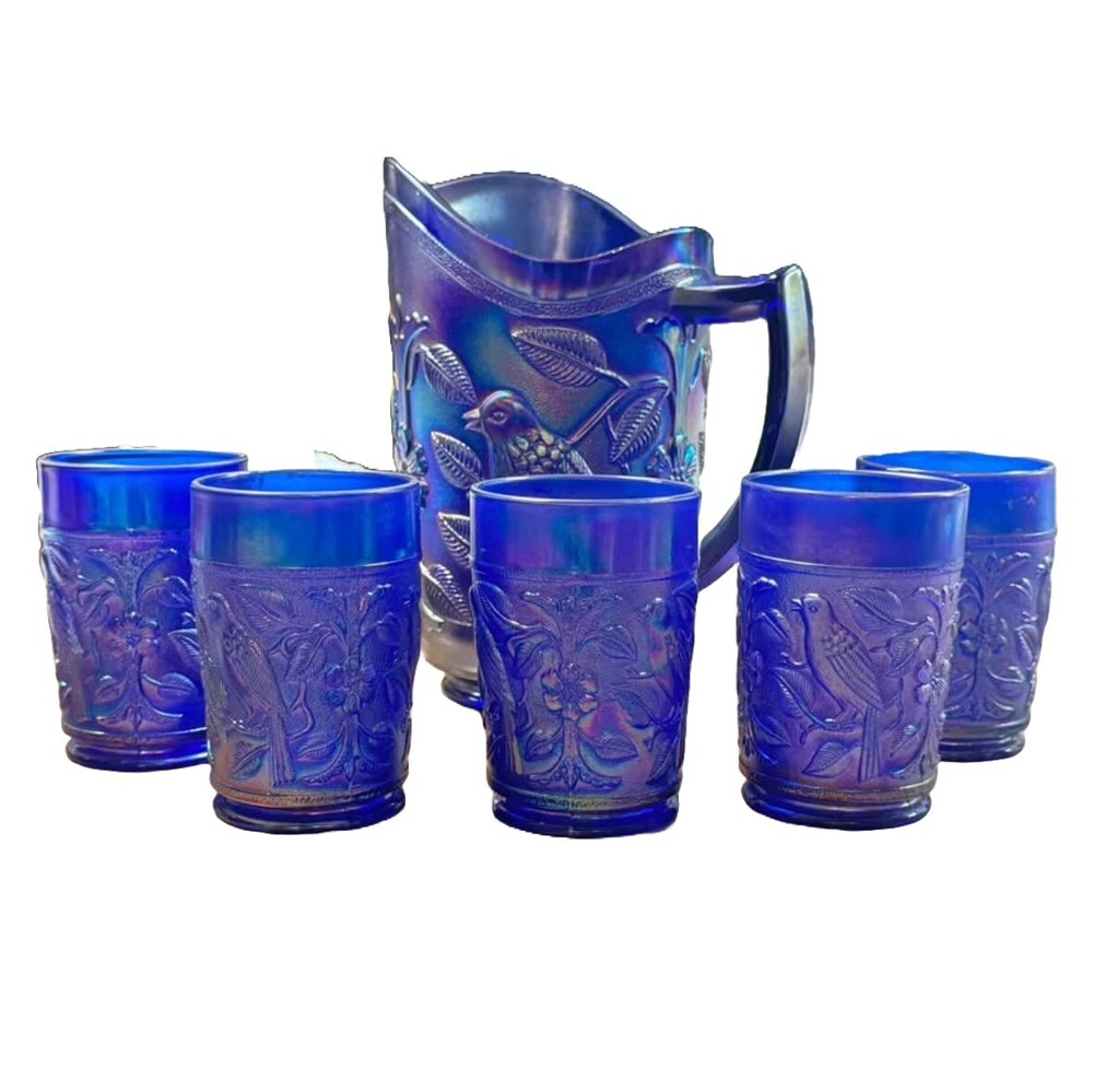 IMPERIAL GLASS COBALT BLUE CARNIVAL ROBINS WATER PITCHER AND TUMBLER SET